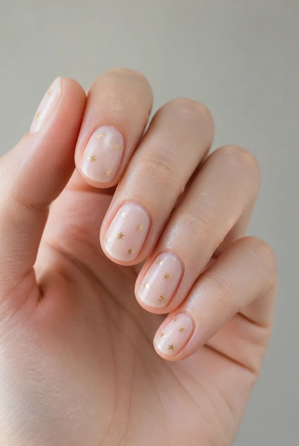 star confetti nail art on fair skin, short length