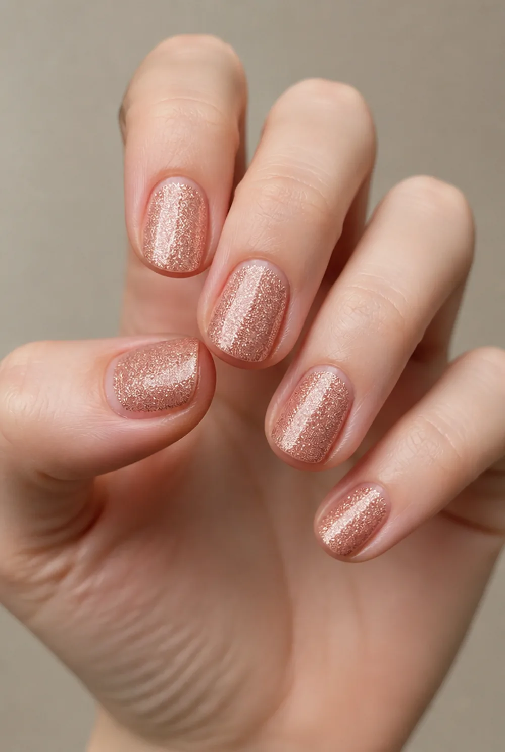 rose gold glitter nail art on fair skin, short length