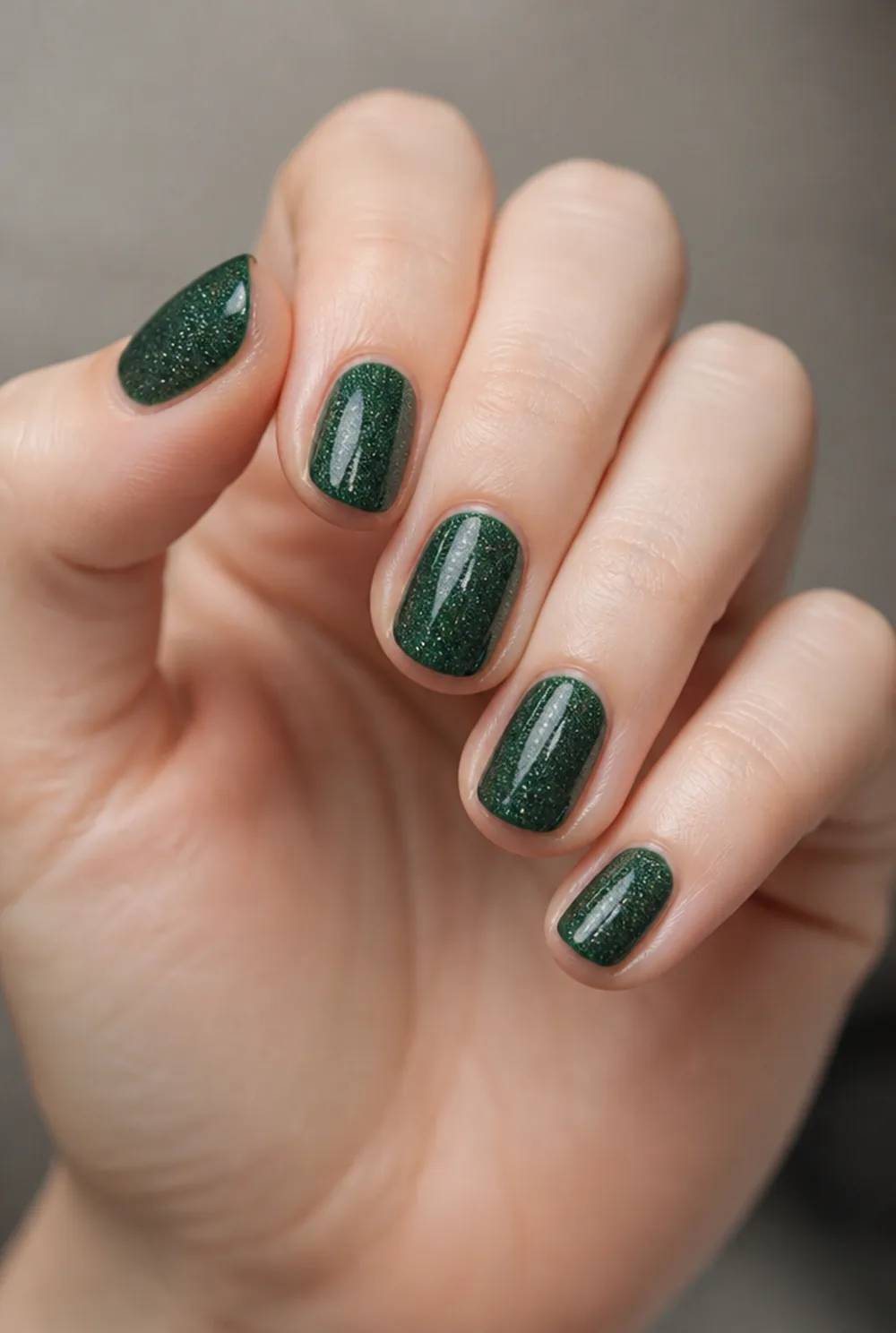glitter over emerald nail art on fair skin, short length