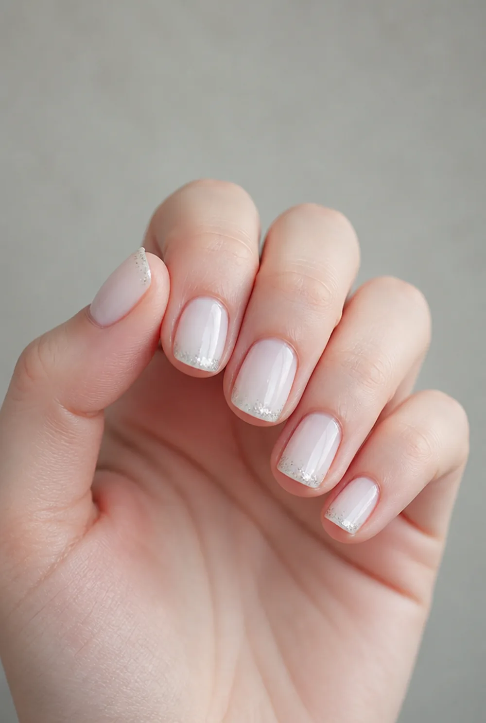 silver glitter tip nail art on fair skin, short length