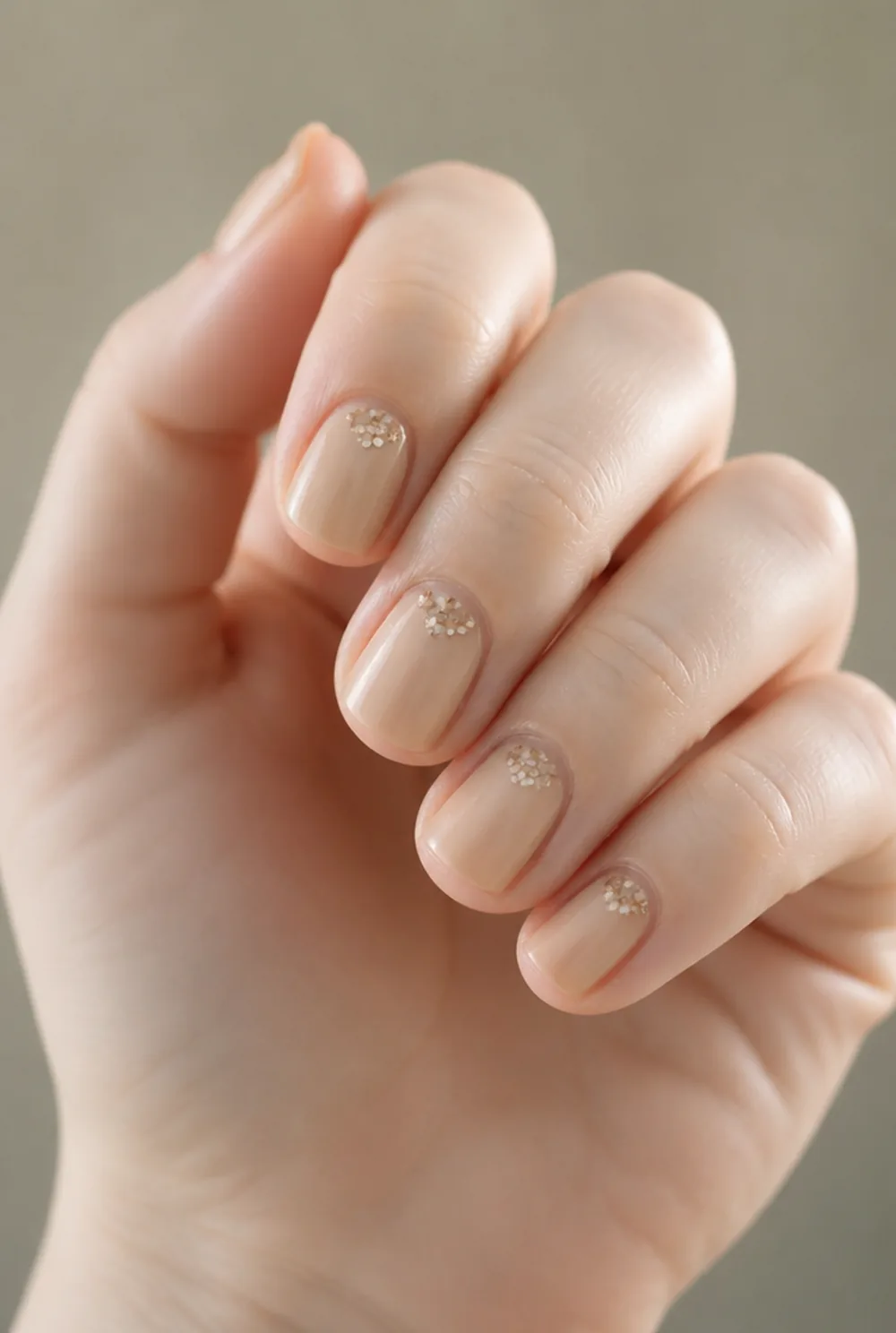 glitter dot cluster nail art on fair skin, short length