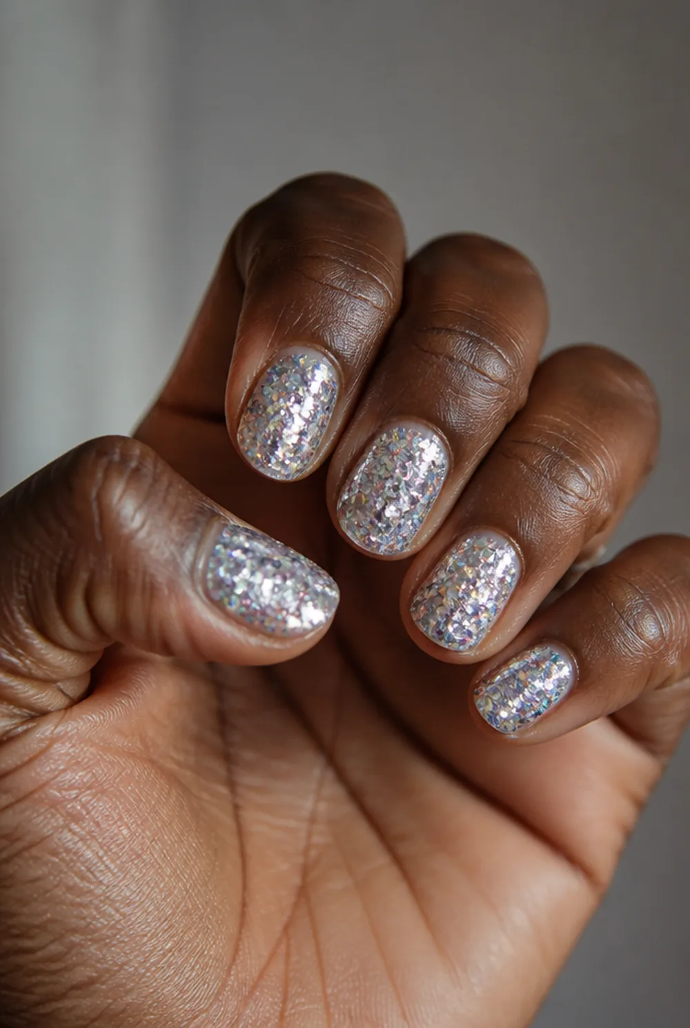 full chunky glitter nail art on deep brown skin