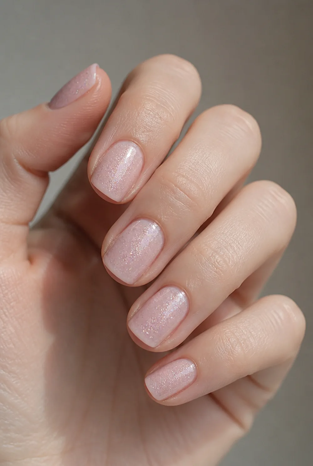 glitter under sheer nail art on fair skin, short length