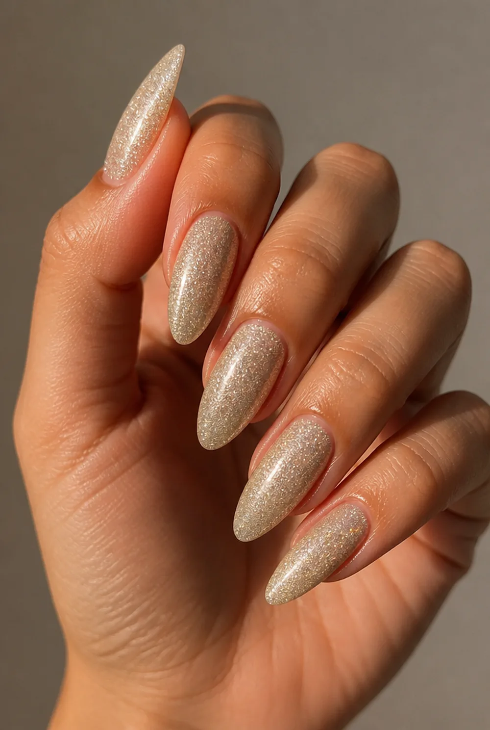 micro shimmer full set nail art on olive skin, long length