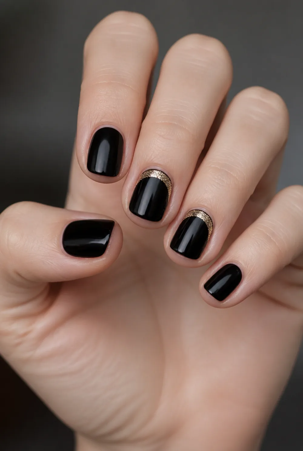 glitter half moon nail art on fair skin, short length