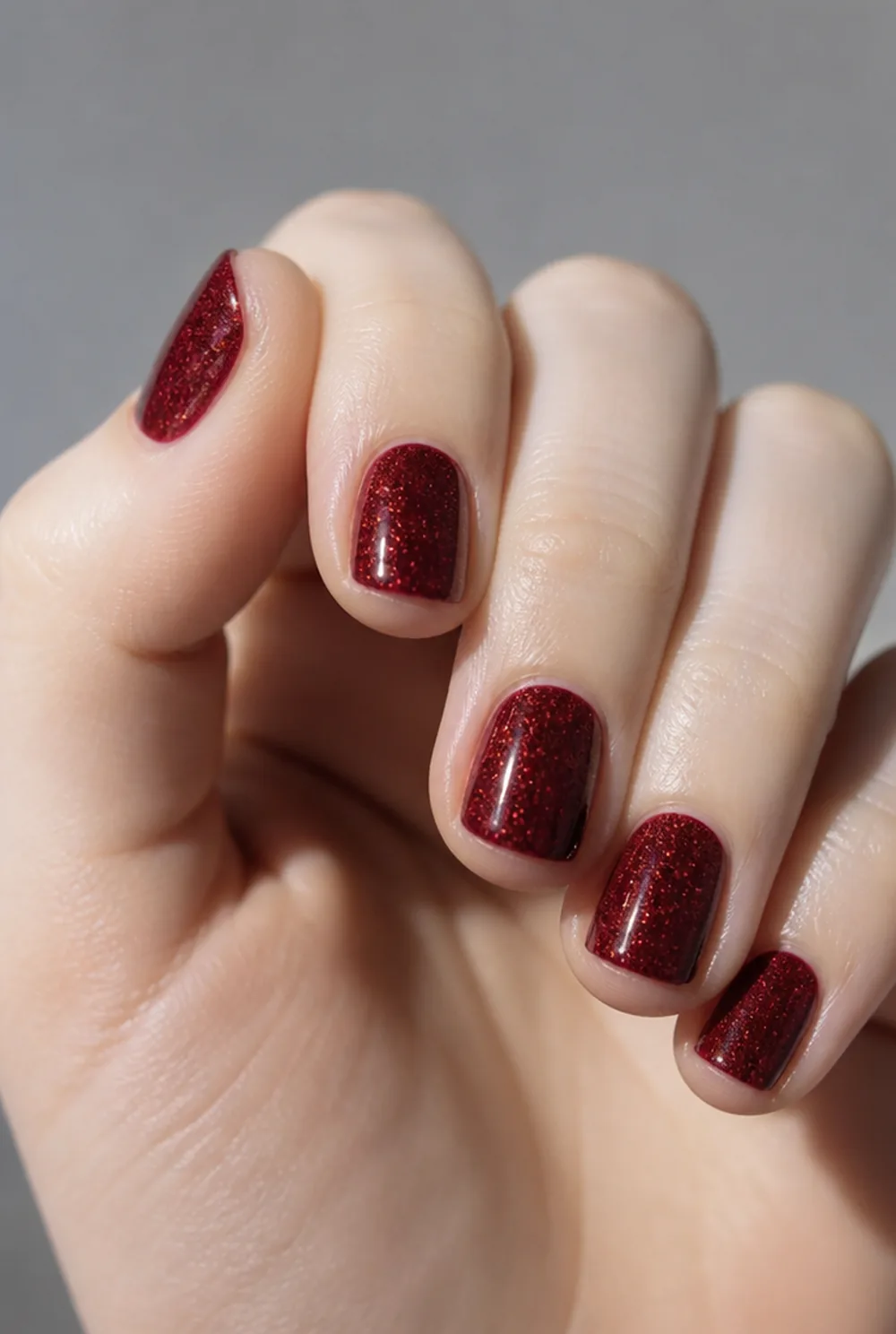 glitter over deep red nail art on fair skin, short length