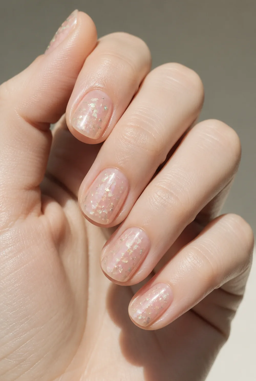 clear jelly with flakes nail art on fair skin, short length
