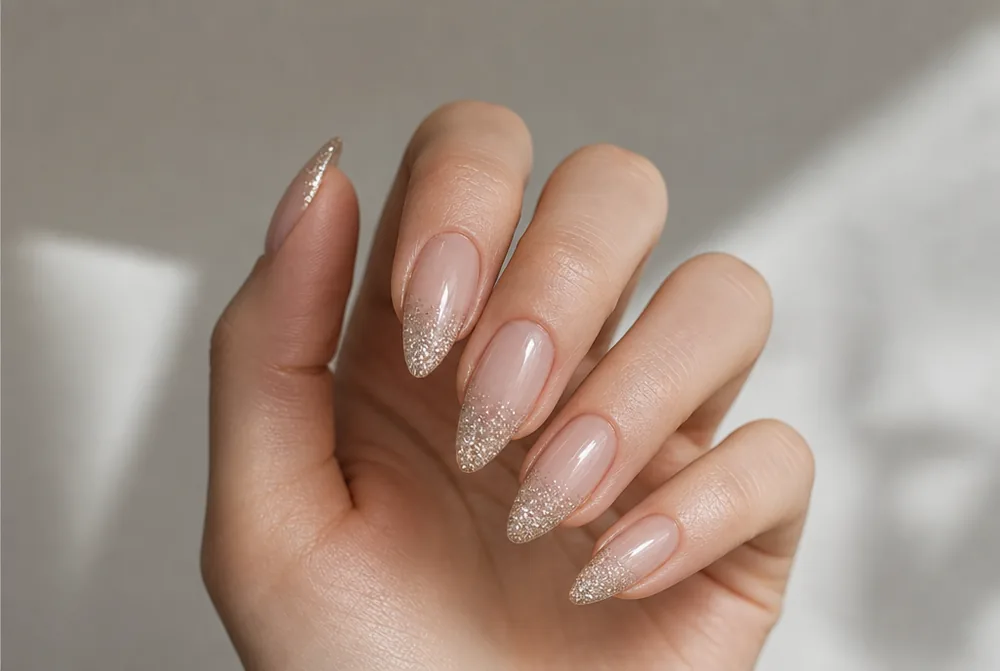 glitter tip almond nails with sparkle at the point