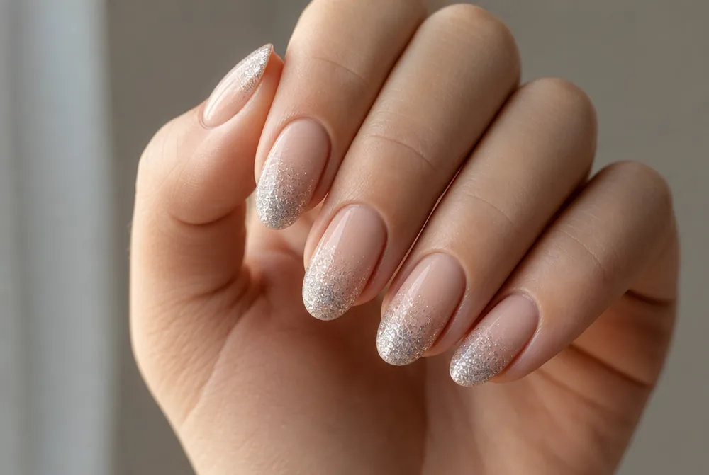 glitter tip oval nails on nude base