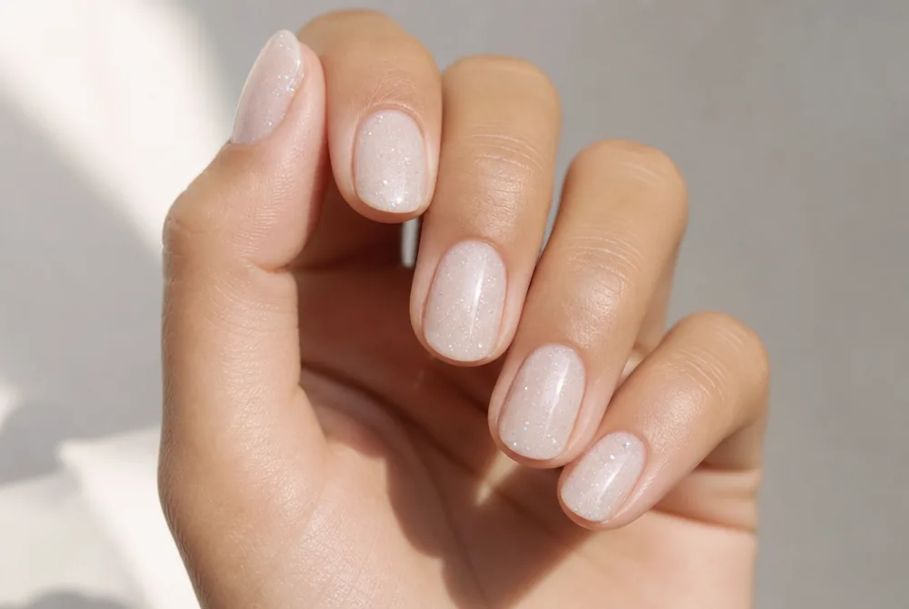 glitter under sheer milky coat nails with softened sparkle