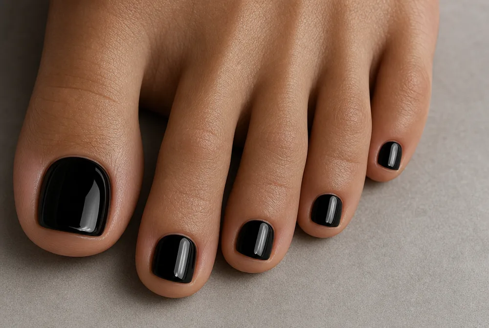 glossy black pedicure on toes