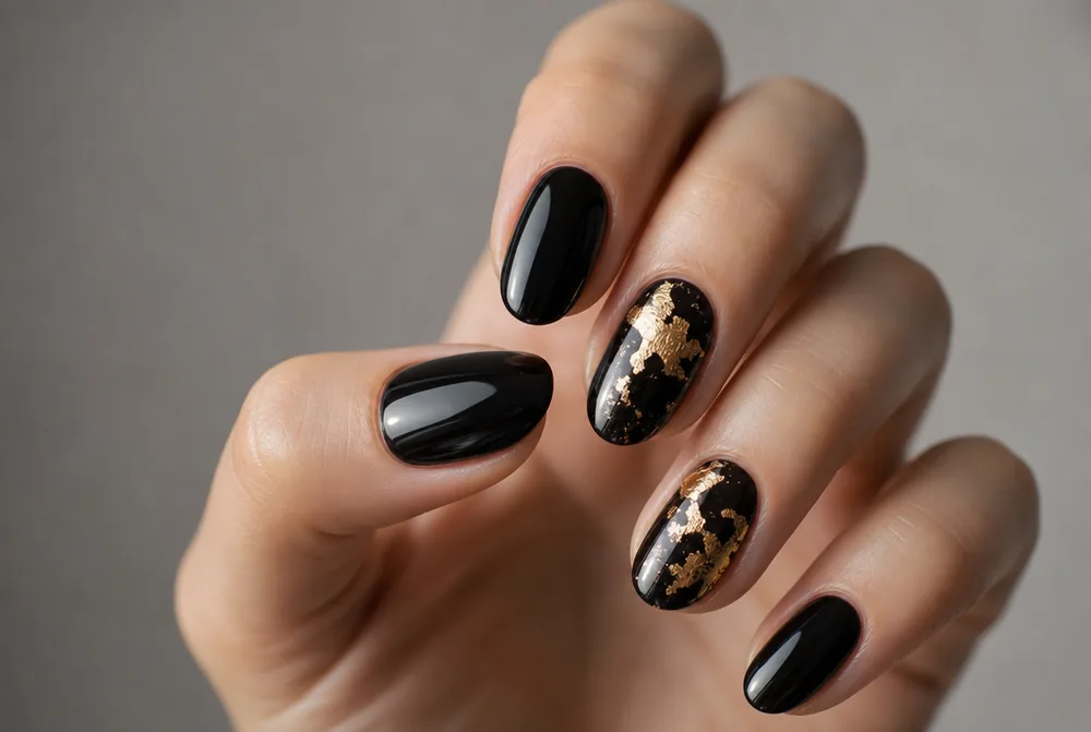 gold and black nails with foil accent detail