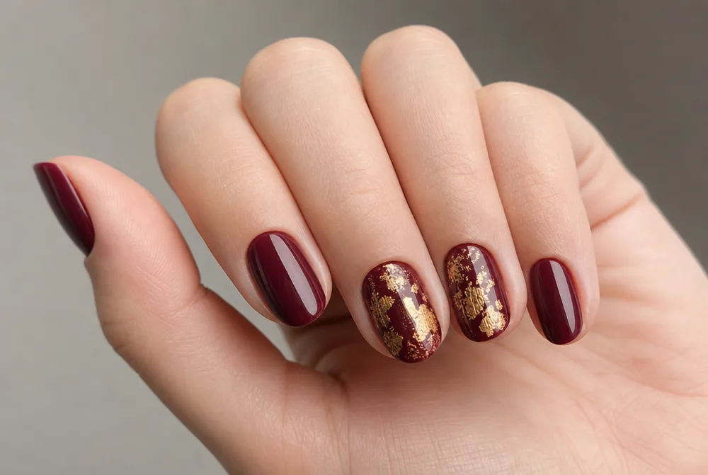 gold and burgundy nails with foil accent