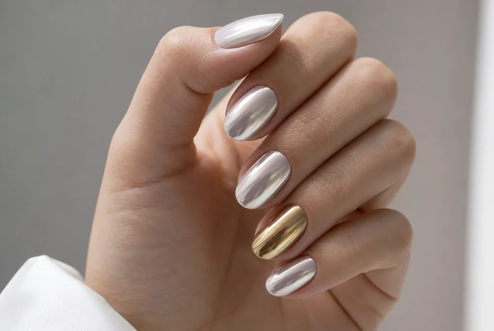 gold and pearl chrome nails with mixed metallic finish