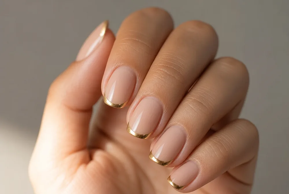 gold chrome tip nails on nude base