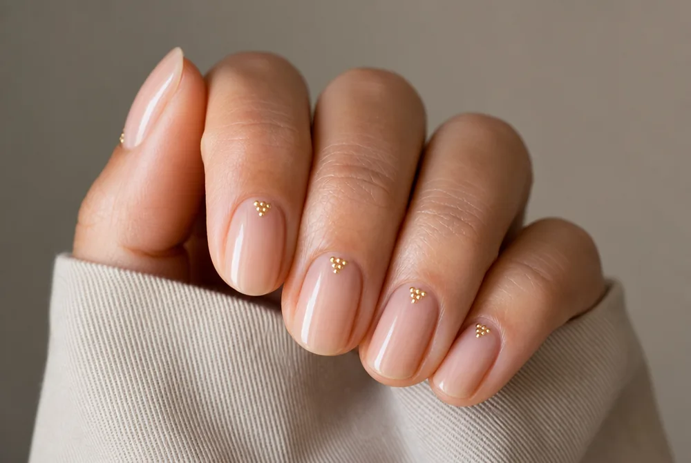gold dot cluster nail art on nude nails