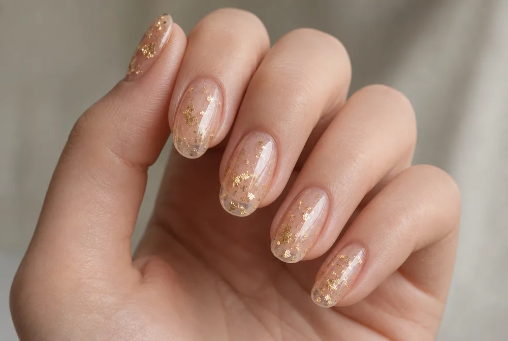 gold flake jelly nails with suspended gold pieces