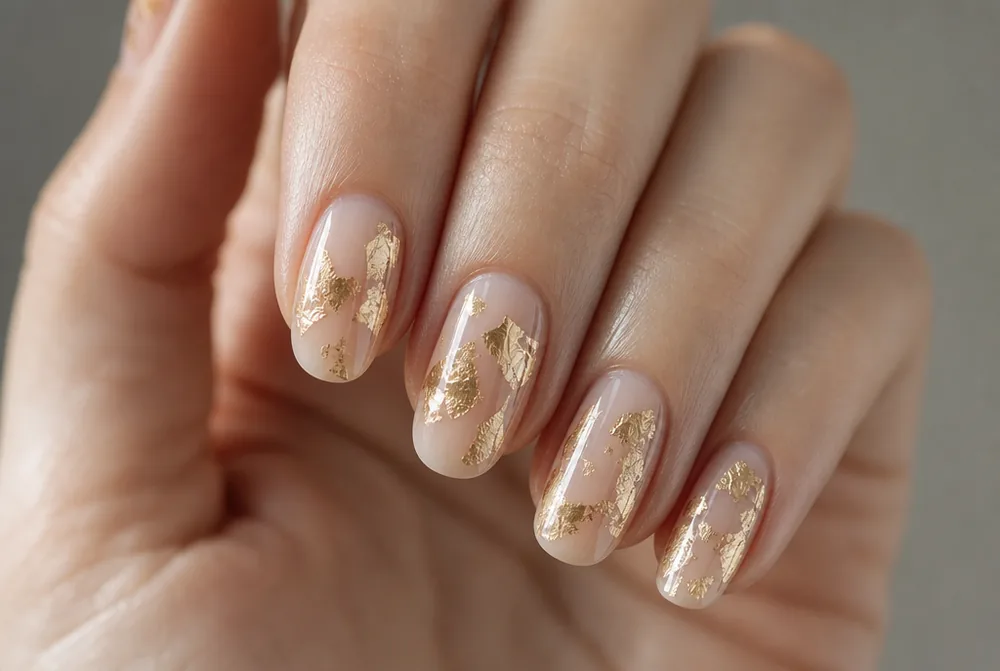 gold foil shard nails on sheer nude base