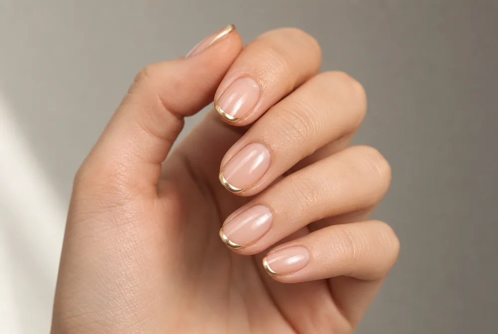 gold French tip nails on sheer nude base