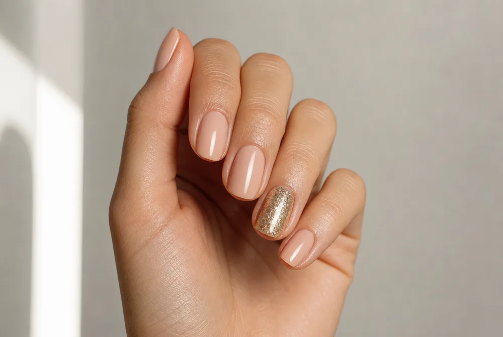gold glitter accent nail on nude manicure