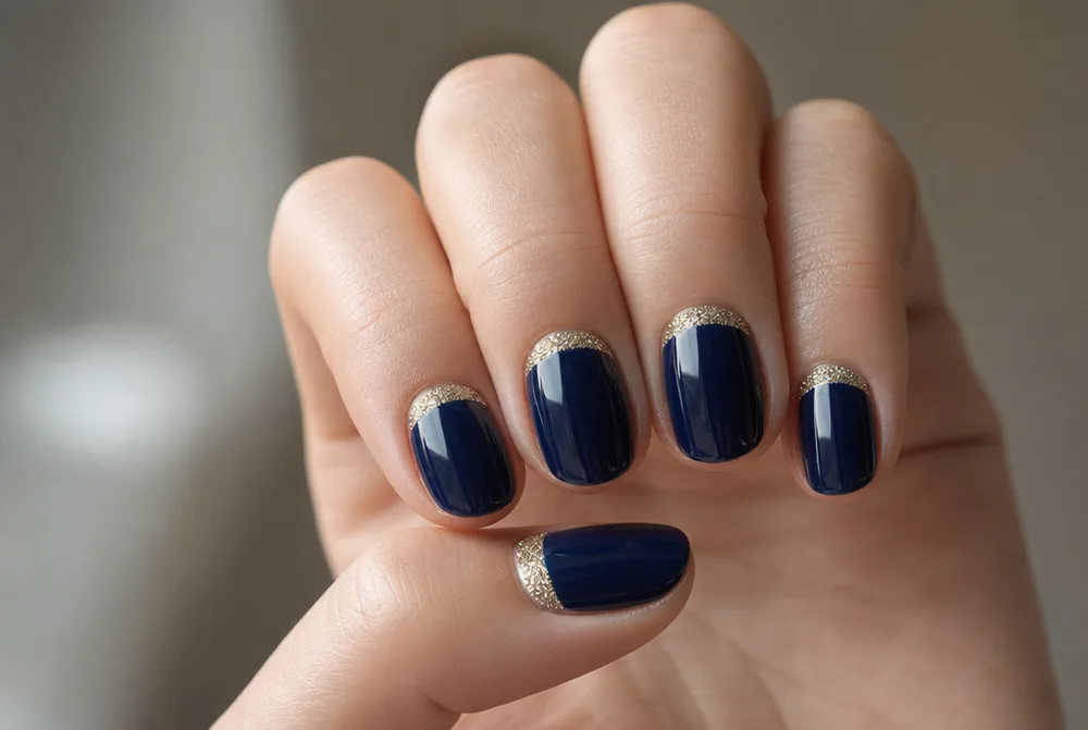 gold half moon nails on deep navy base