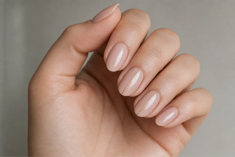 gold line nail art on oval nude nails