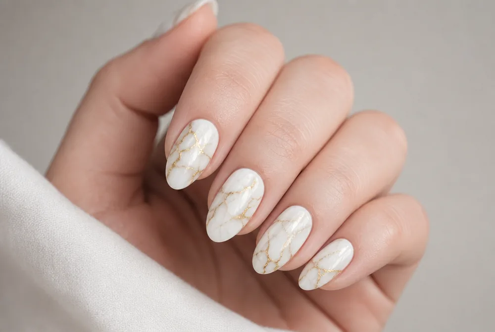 gold marble nails with thin gold veining on white