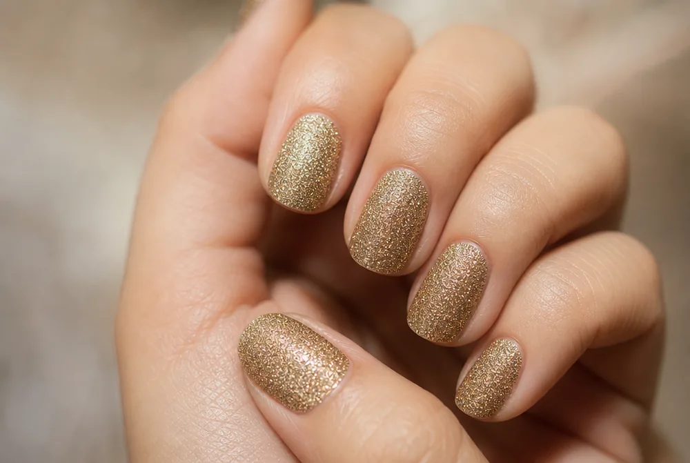 gold micro glitter full set nails with fine sparkle