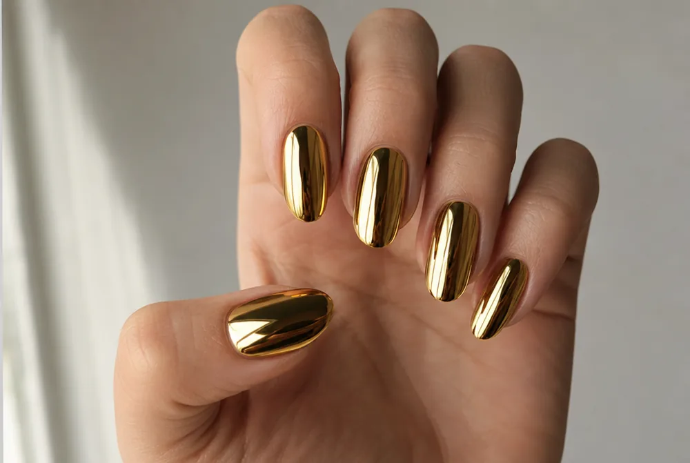 gold mirror chrome nails with reflective metallic finish