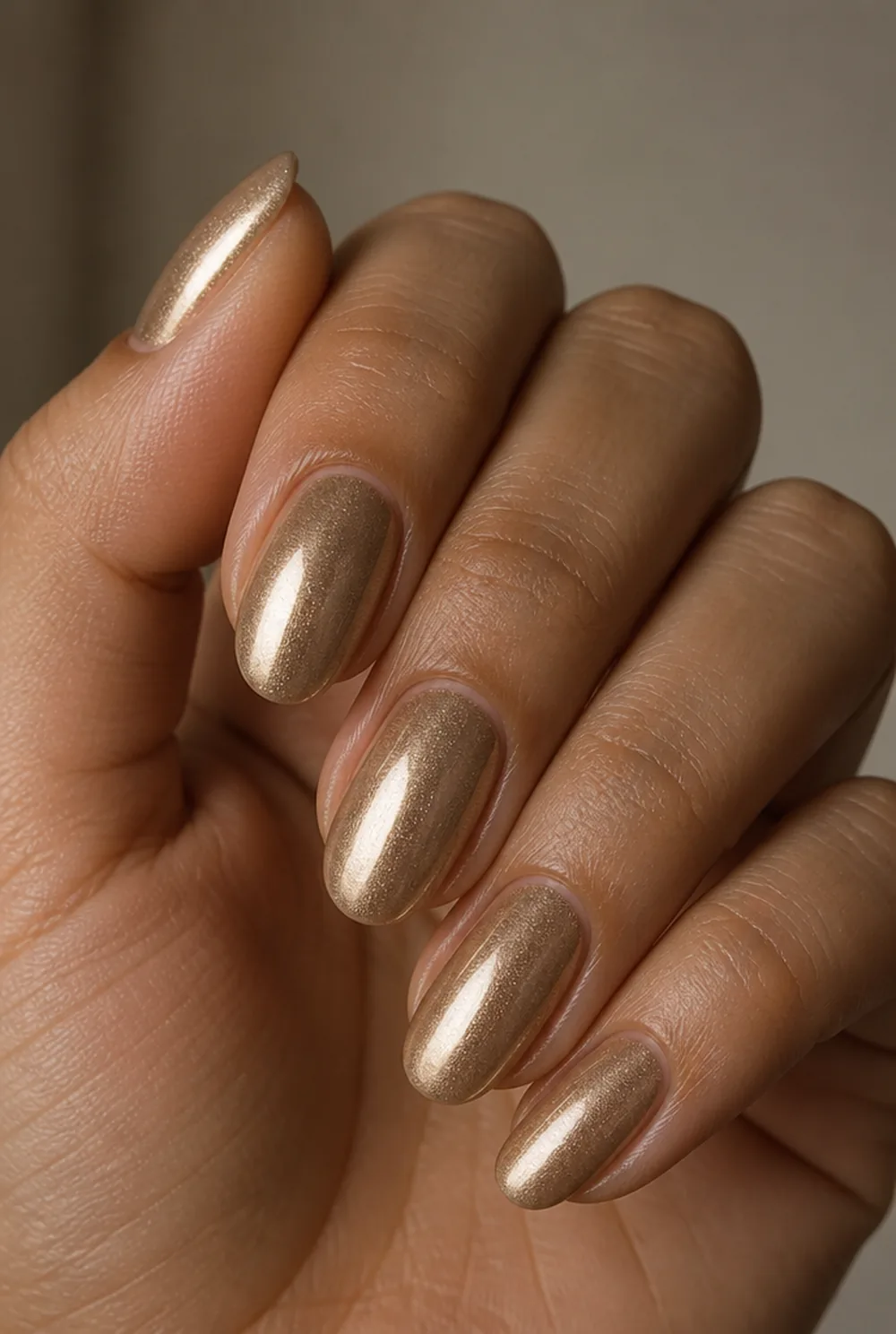 antique gold shimmer nail art on olive skin, long length