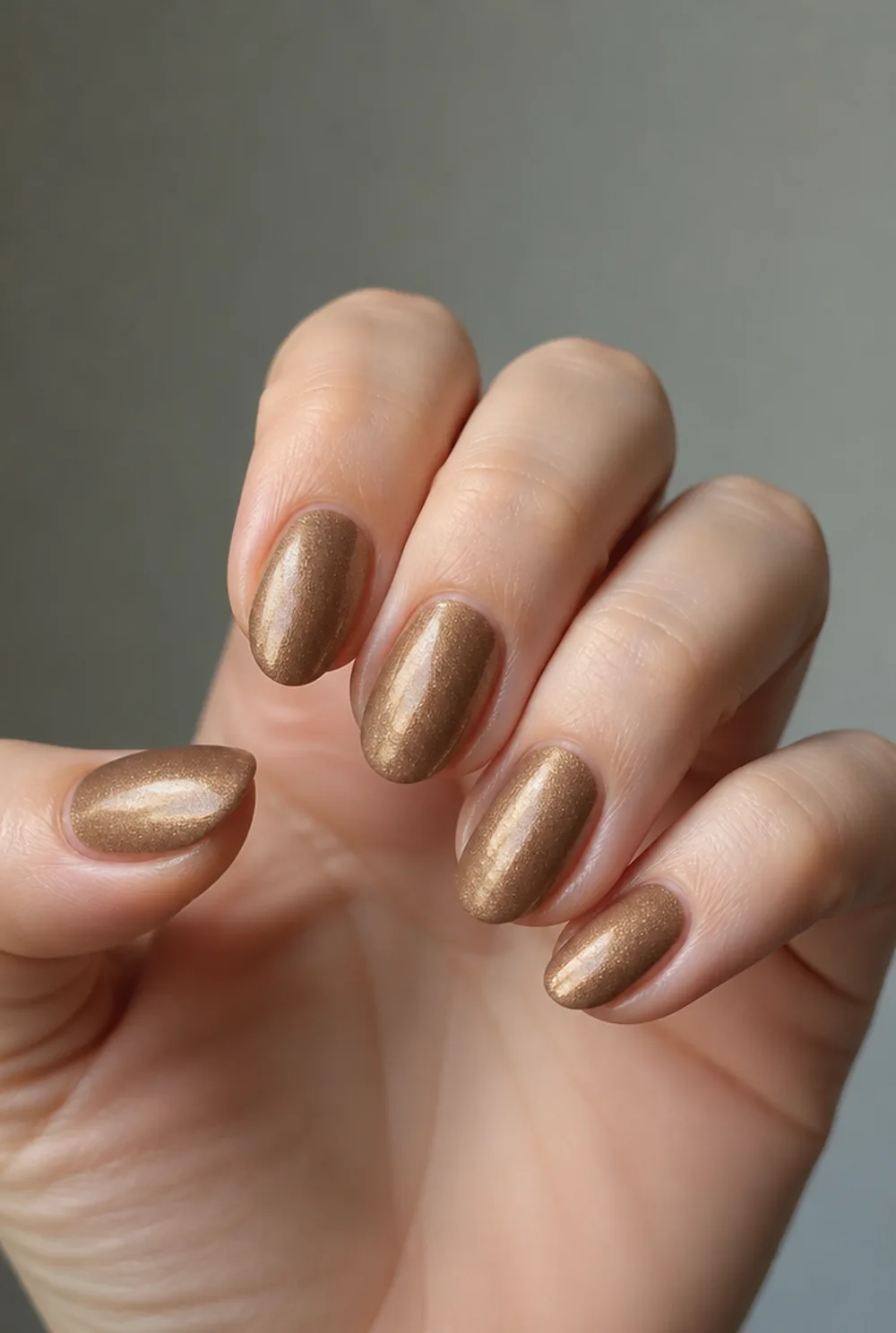 antique gold shimmer nail art on fair skin, short length