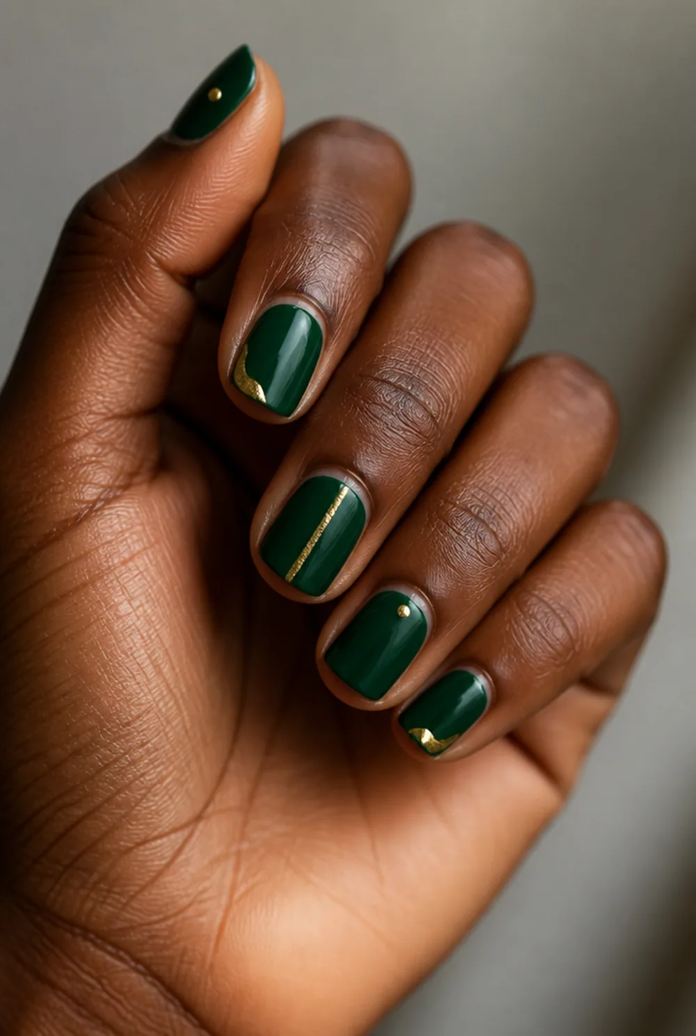 gold on emerald nail art on deep brown skin