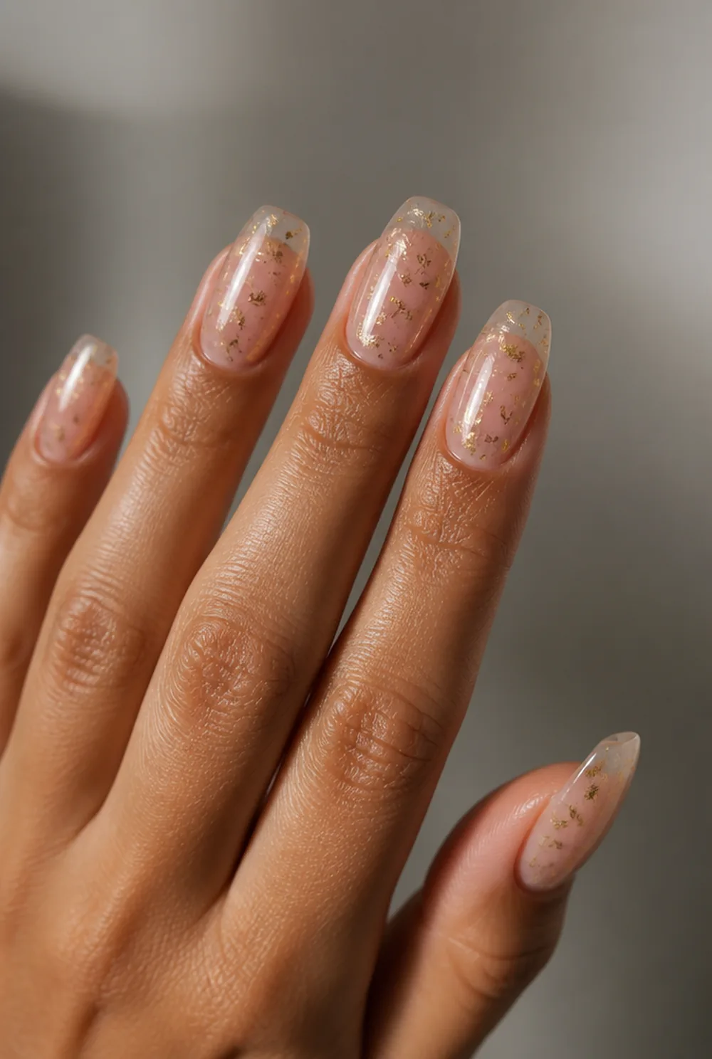 gold flake jelly nail art on olive skin, long length