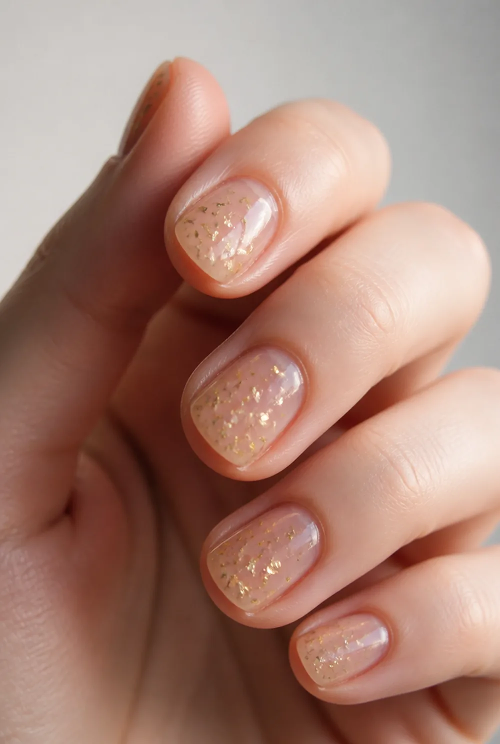 gold flake jelly nail art on fair skin, short length