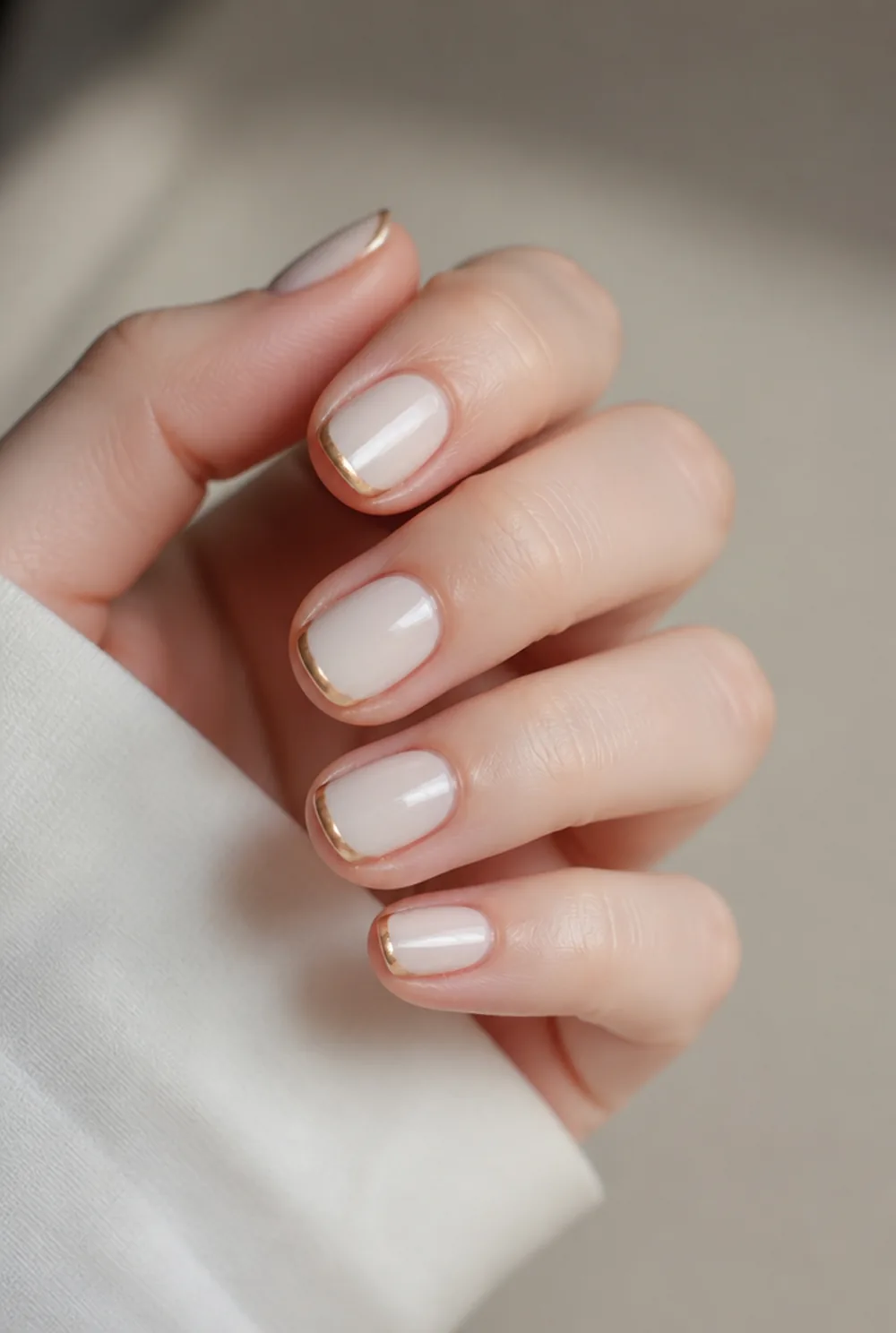 gold tips on milky white nail art on fair skin, short length