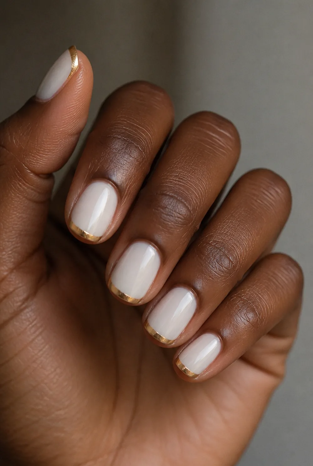 gold tips on milky white nail art on deep brown skin