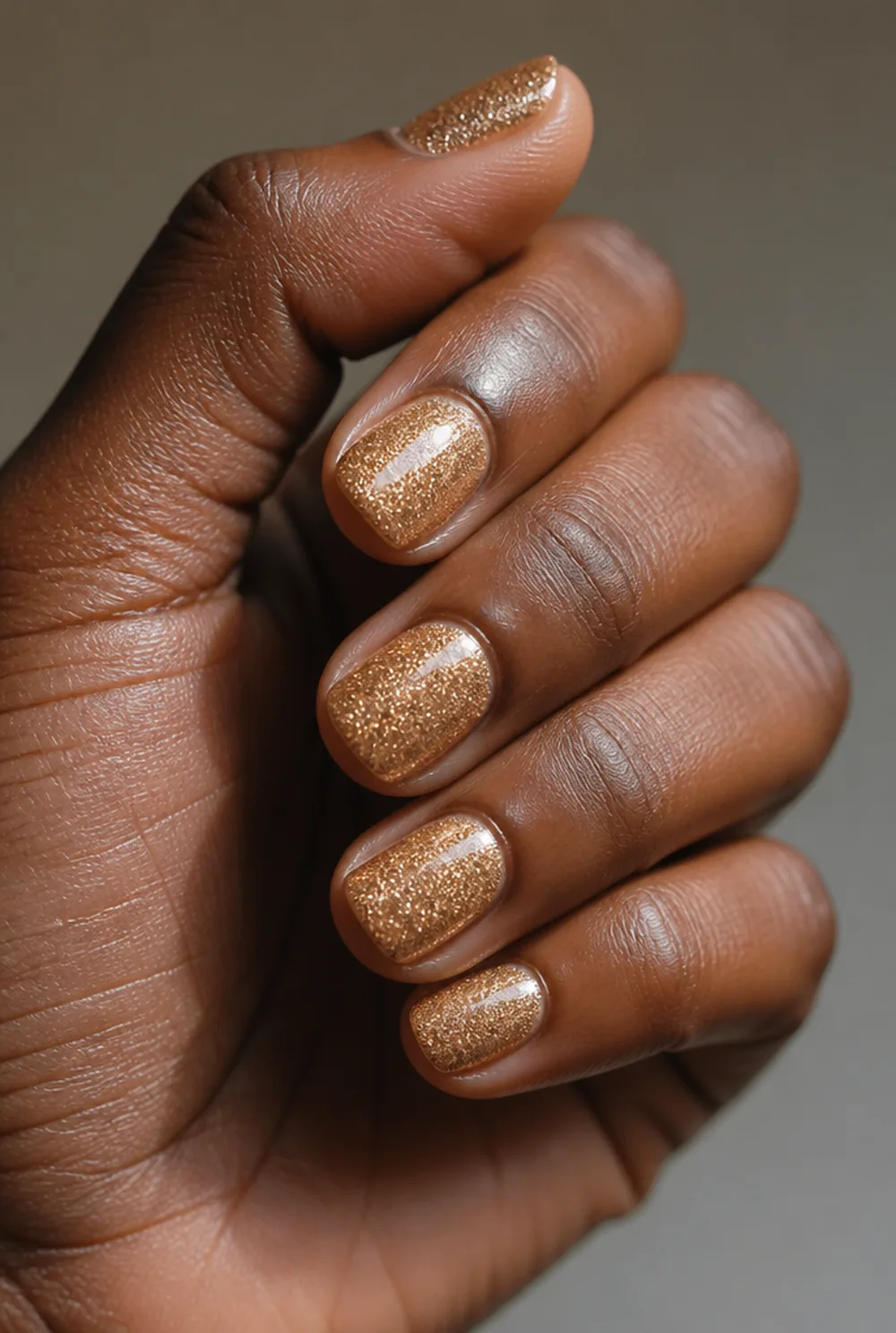 gold micro glitter full set nail art on deep brown skin
