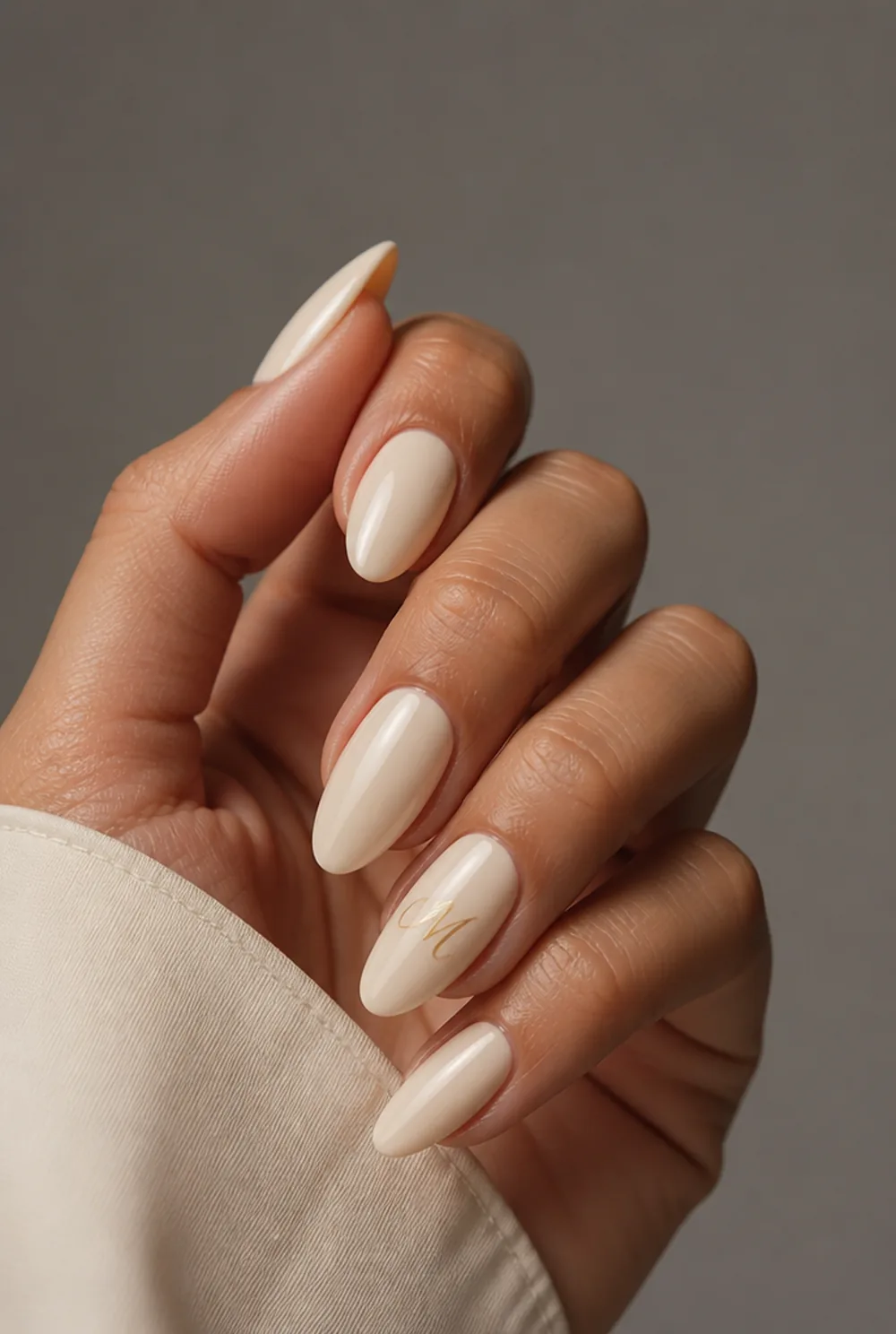 gold script accent nail art on olive skin, long length