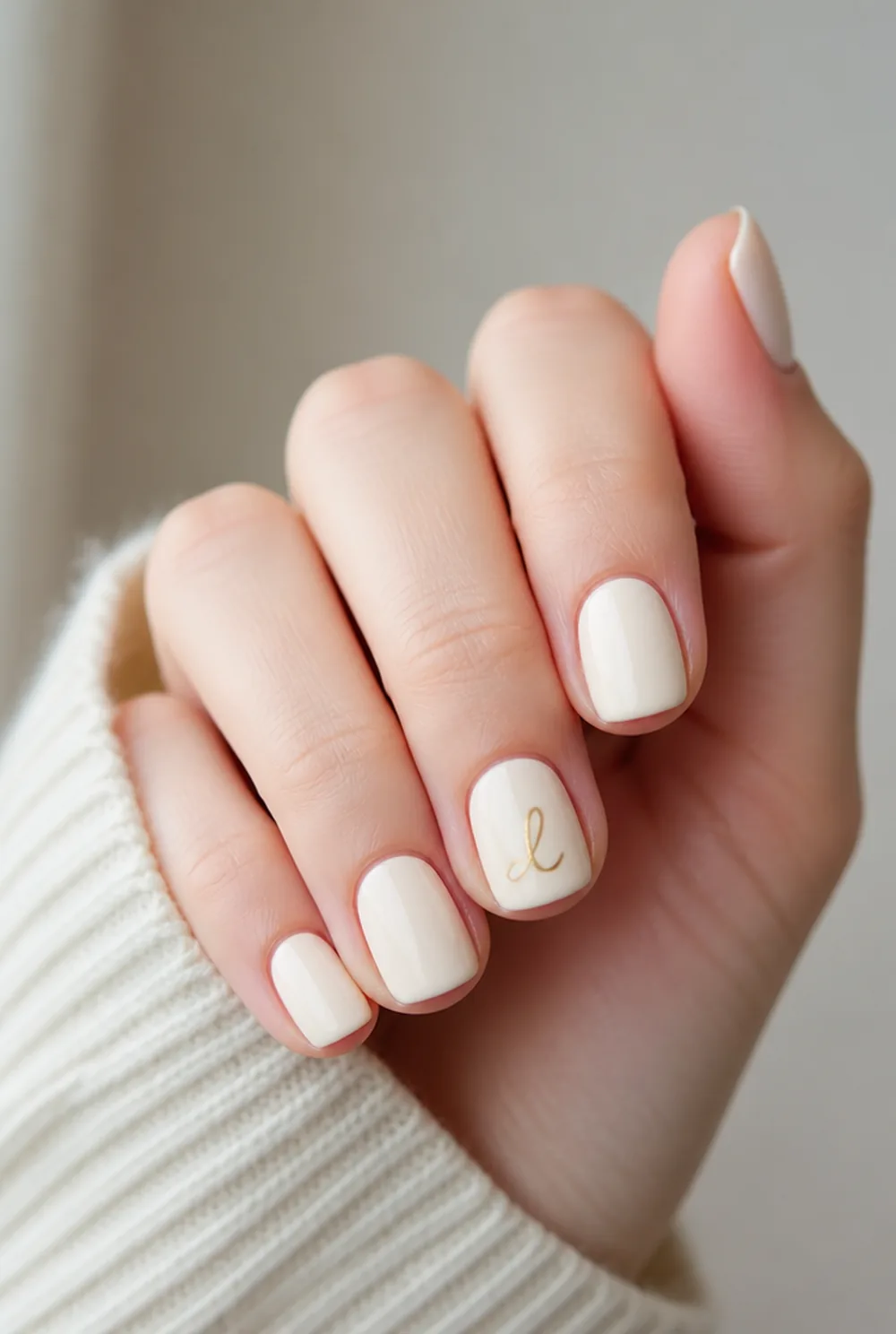 gold script accent nail art on fair skin, short length