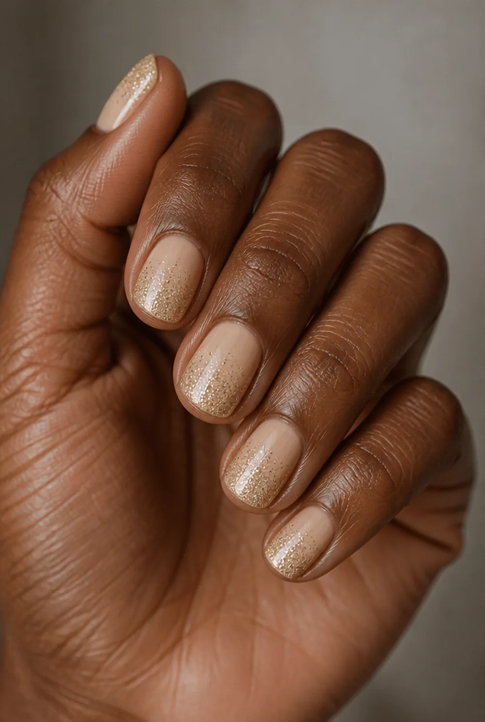 champagne glitter ombre nail art on deep brown skin