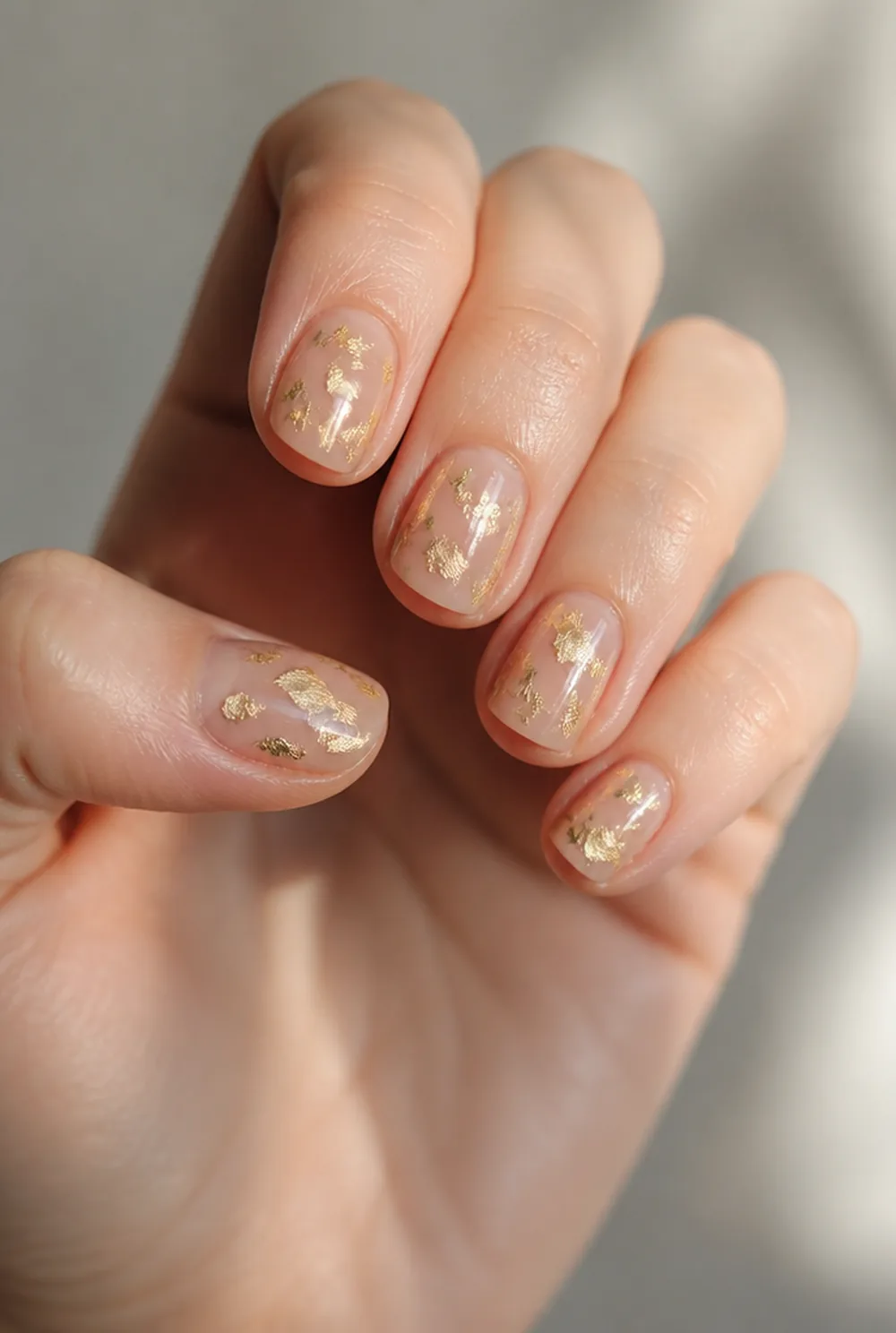 gold foil shards nail art on fair skin, short length