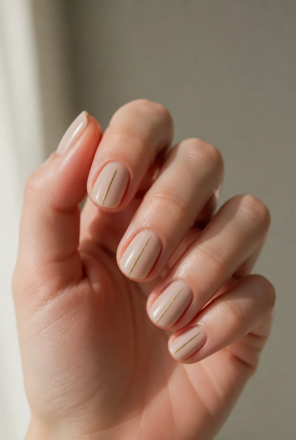 gold line on nude nail art on fair skin, short length