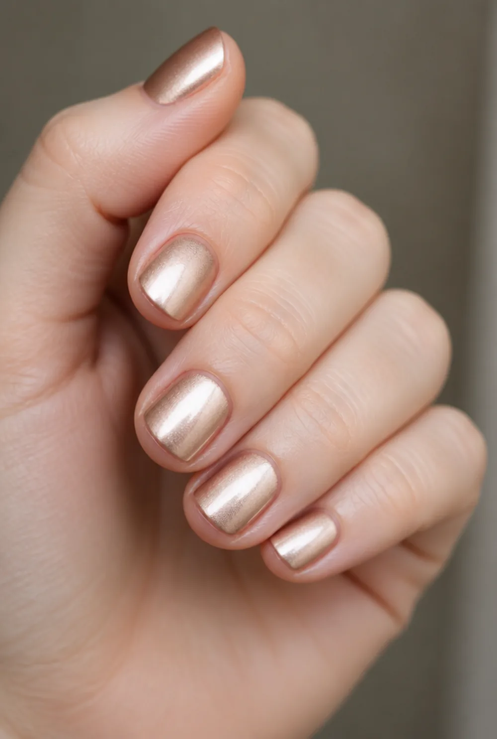 rose gold cream nail art on fair skin, short length