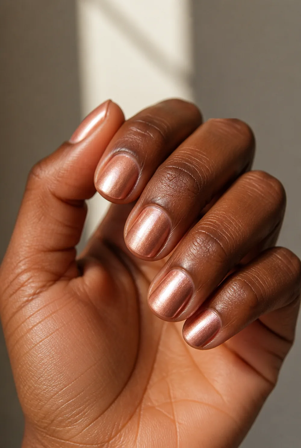 rose gold cream nail art on deep brown skin