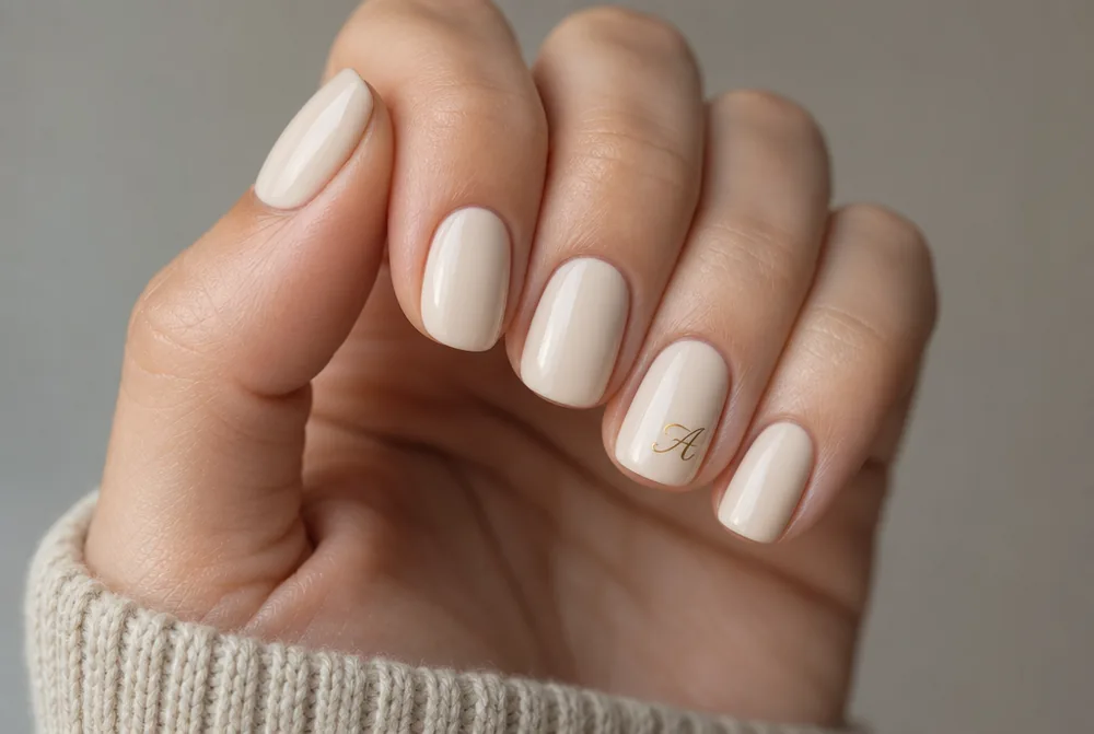 gold script initial nail art on cream base