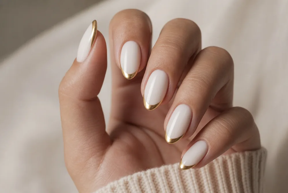 gold tips on milky white nail base