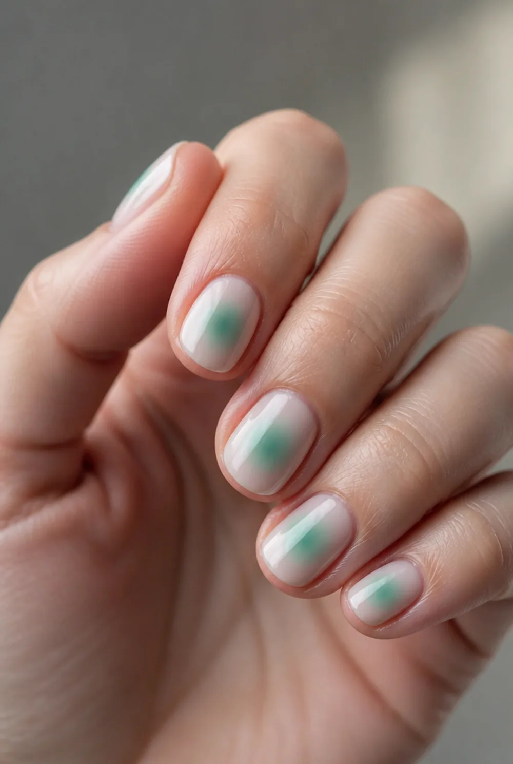 green aura nail art on fair skin, short length