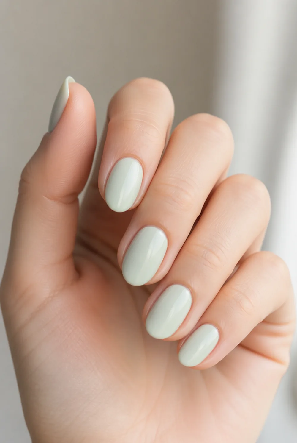 mint nail art on fair skin, short length