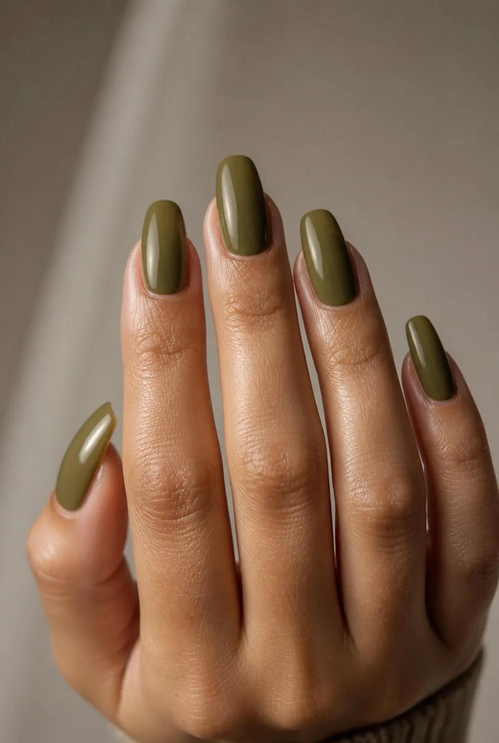 moss green nail art on olive skin, long length
