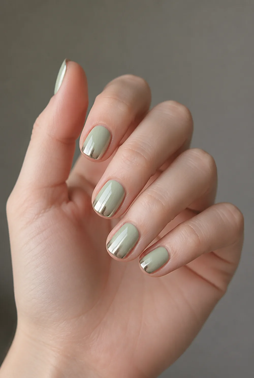 green with chrome tips nail art on fair skin, short length